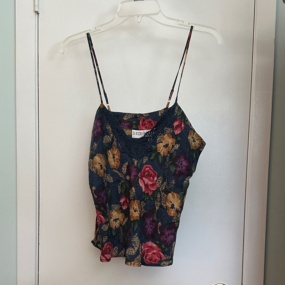 Silkscreen Floral Lace Trim Camisole